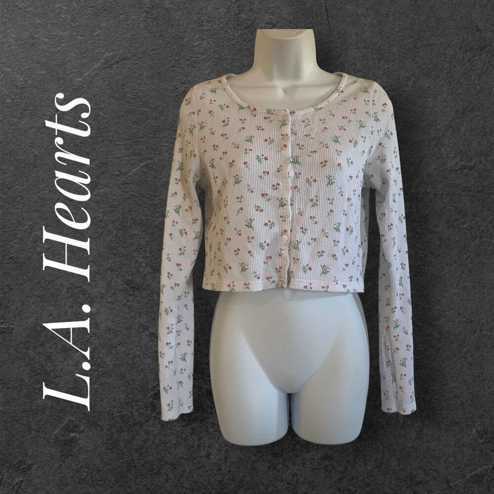 L.A. Hearts Medium Cropped Long Sleeve Blouse Cardigan Floral White